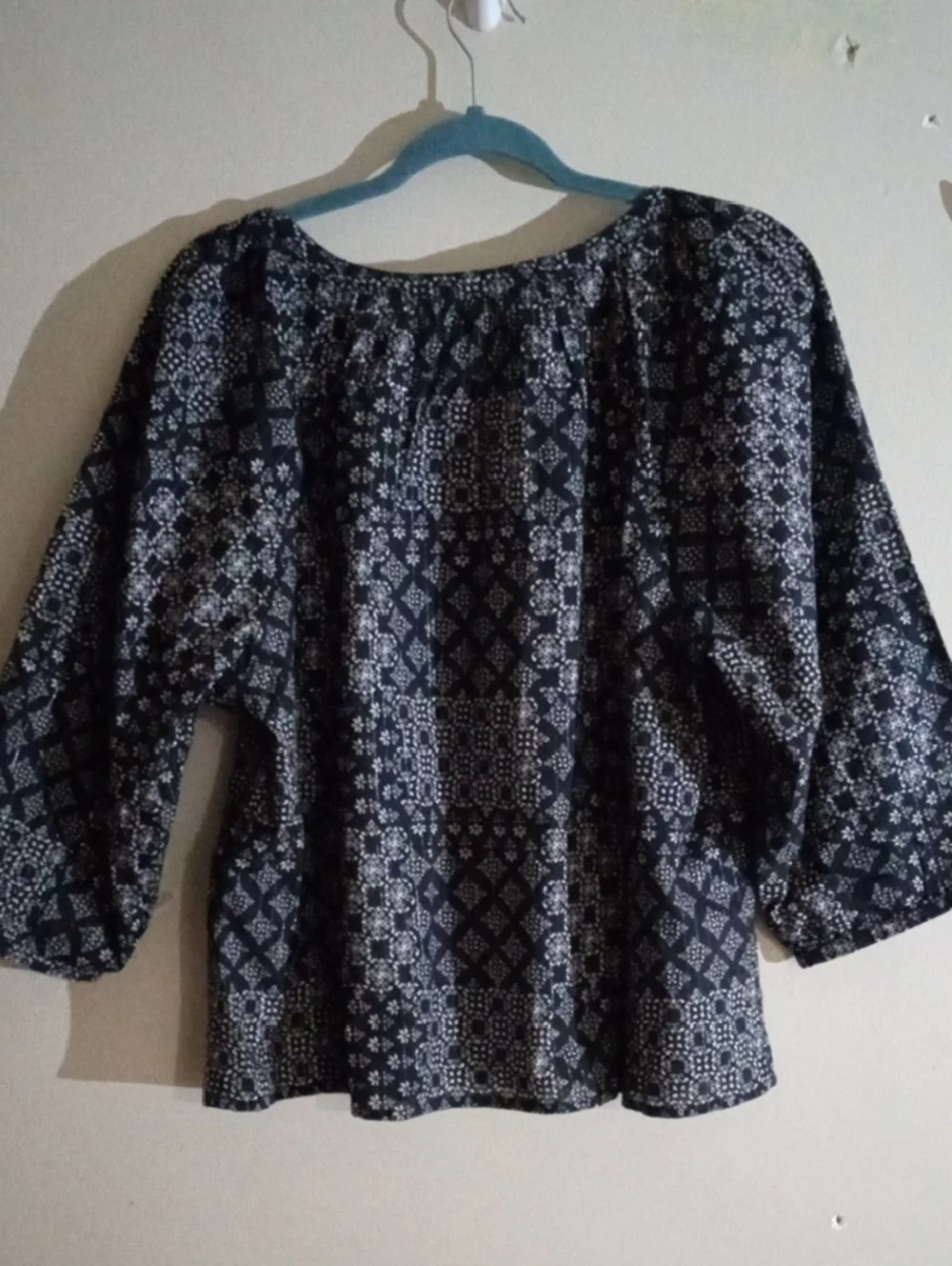 Garnet Hill Navy and White Patchwork Print Peasant Blouse - Picture 2 of 10